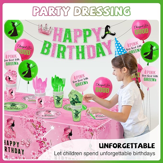 Pink and Green Birthday Party Decorations 207pcs Disposable Paper Plates & Napkins Set for 24 Guests - Includes Happy Birthday Banner & Cartoon Tablecloth