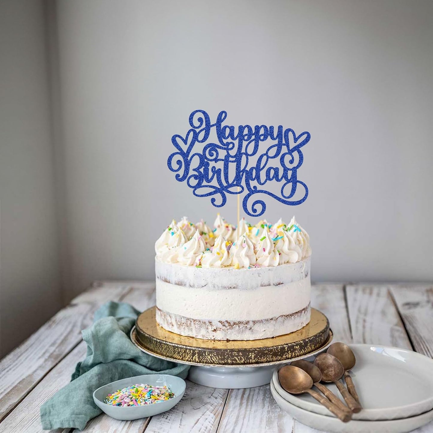 Gyufise 1Pcs Happy Birthday Cake Topper Glitter Cake Pick Bunting Decor for Anniversary Celebrating Party Cake Decorations Supplies Dark Blue
