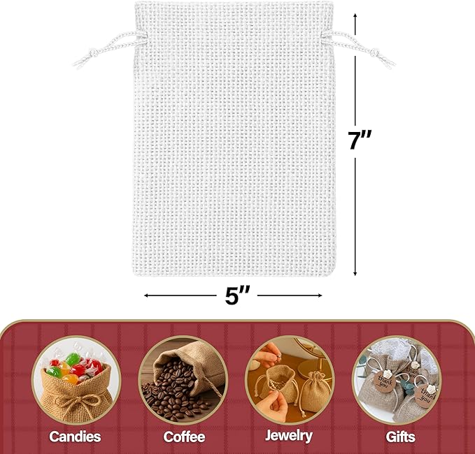 Mandala Crafts 5X7 Inch White Burlap Drawstring Gift Bags for Favors - 30 Small Linen Sacks Gift Pouches for Candy, Coffee, Jewelry, Wedding, and Party Supplies