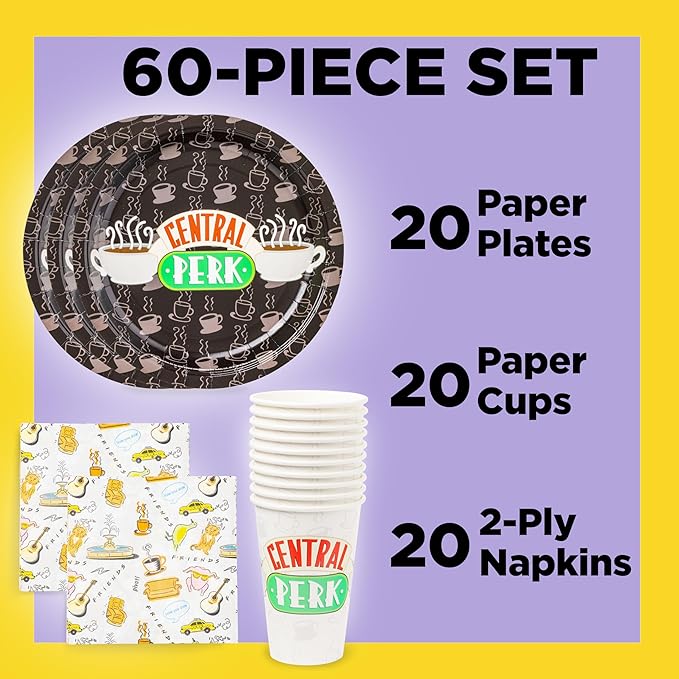 Silver Buffalo Friends Central Perk Iconic Icons and Quotes Pivot 60 Pack Partyware Disposable Paper Plates, Napkins, and Cups