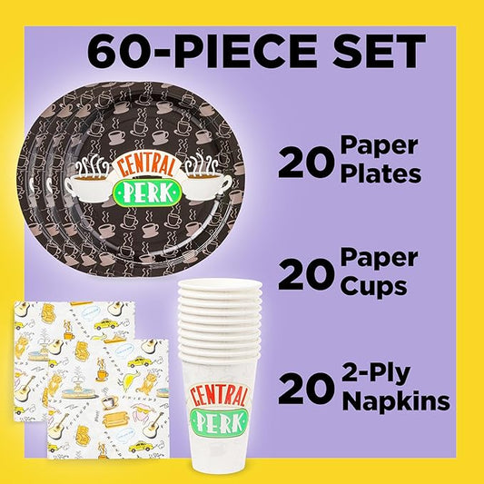 Silver Buffalo Friends Central Perk Iconic Icons and Quotes Pivot 60 Pack Partyware Disposable Paper Plates, Napkins, and Cups