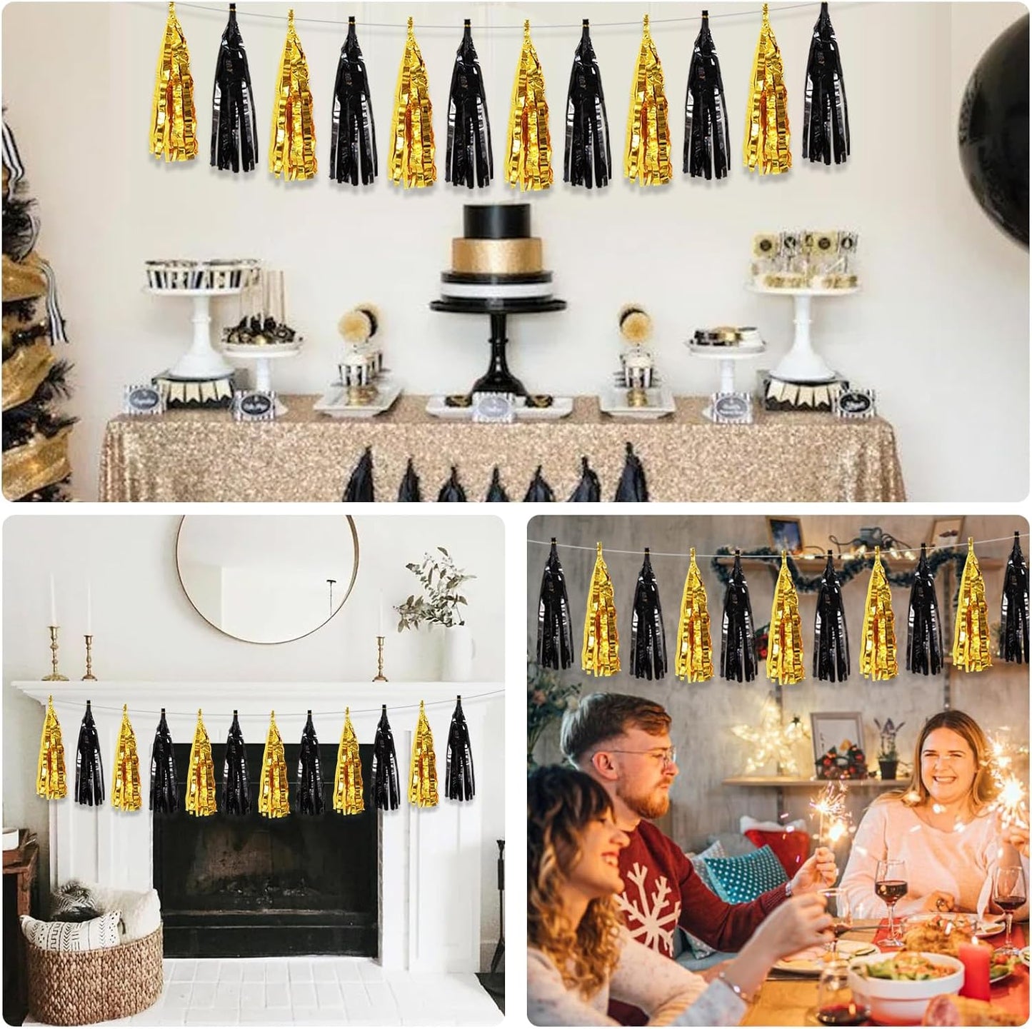 BEISHIDA 3 Packs Black Gold Metallic Foil Fringe Tassel Garland, Tassels Banner Streamers for Car Floats Bridal/Baby Shower Birthday Wedding Halloween Christmas Holiday Party Decoration