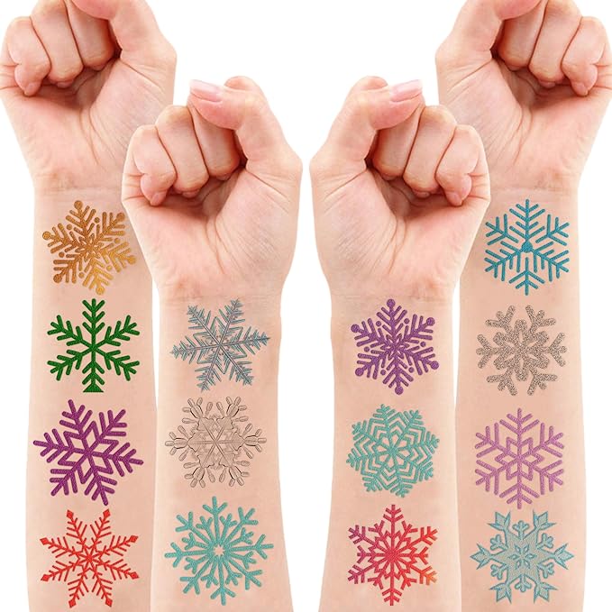 96 PCS Blue Snowflake Pre-Cut Temporary Tattoos Sticker Winter Birthday Christmas Party Decorations Decor Supplies Favors Gifts for Girls Boys Baby Showers Cute Fake Tattoos Classroom Reward Themed