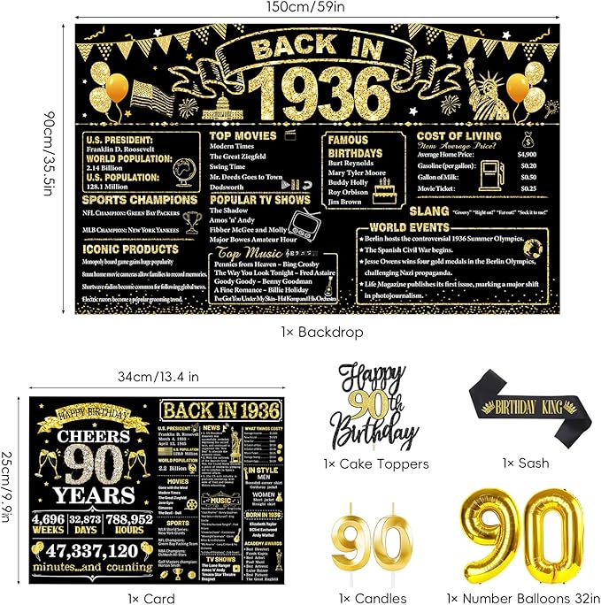 90th Birthday Decorations for Men, Black Gold Back in 1936 Party Supplies Kit with Banner, Backdrop, Sash, Balloons, Cake Topper & Honeycomb Centerpieces, Happy 90 Year Old Birthday Decorations