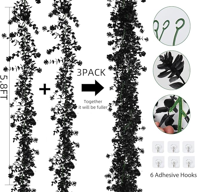 Black Artificial Flowers Black Eucalyptus Garlands Spring Garland Greenery Vines with Flowers Fake Floral Greenery for Halloween Party Decor Home Backdrop Wall Fall Decor