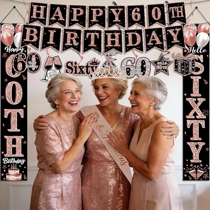 60th Birthday Decorations for Women, 38pcs 60th Birthday Crown and Sash, Black Rose Gold Happy 60th Birthday Banner Balloons Backdrop Hanging Swirls Porch Banner for 60 Years Old Birthday Decorations