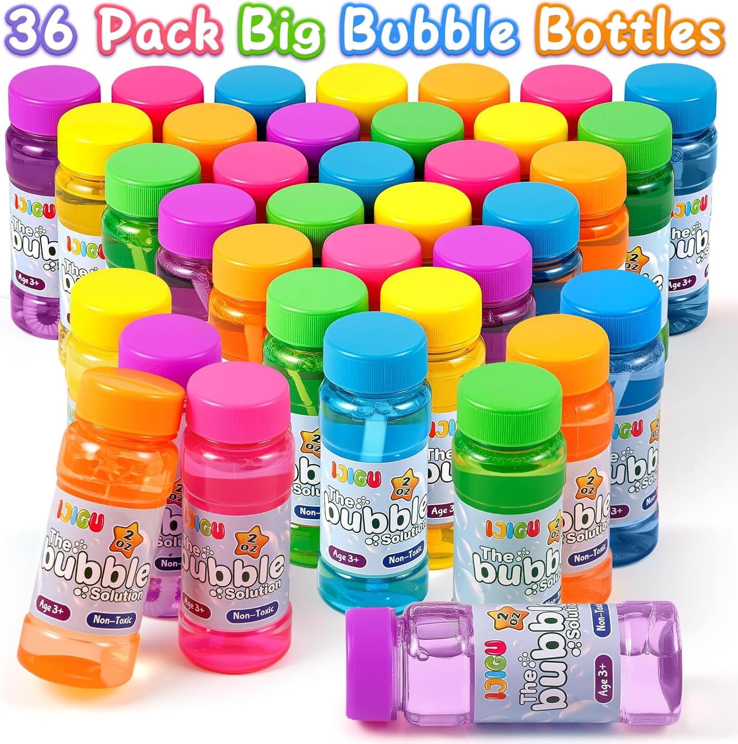Bubble Bottles 36 Pack (2oz), Bubbles for Kids, Bubble Solution with Bulk Wands in 6 Colors as Party Favors for Toddlers 1-3, Summer Outdoor Toy Gift for Boys & Girls