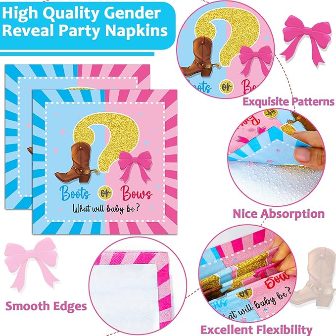 OBUSATT 96Pcs Boot or Bows Gender Reveal Party Decoration Boy or Girl Paper Plates Napkins Blue or Pink Supplies Boot or Bows Dinnerware Set Disposable Favor for Baby Shower Gender Reveal Serves 24