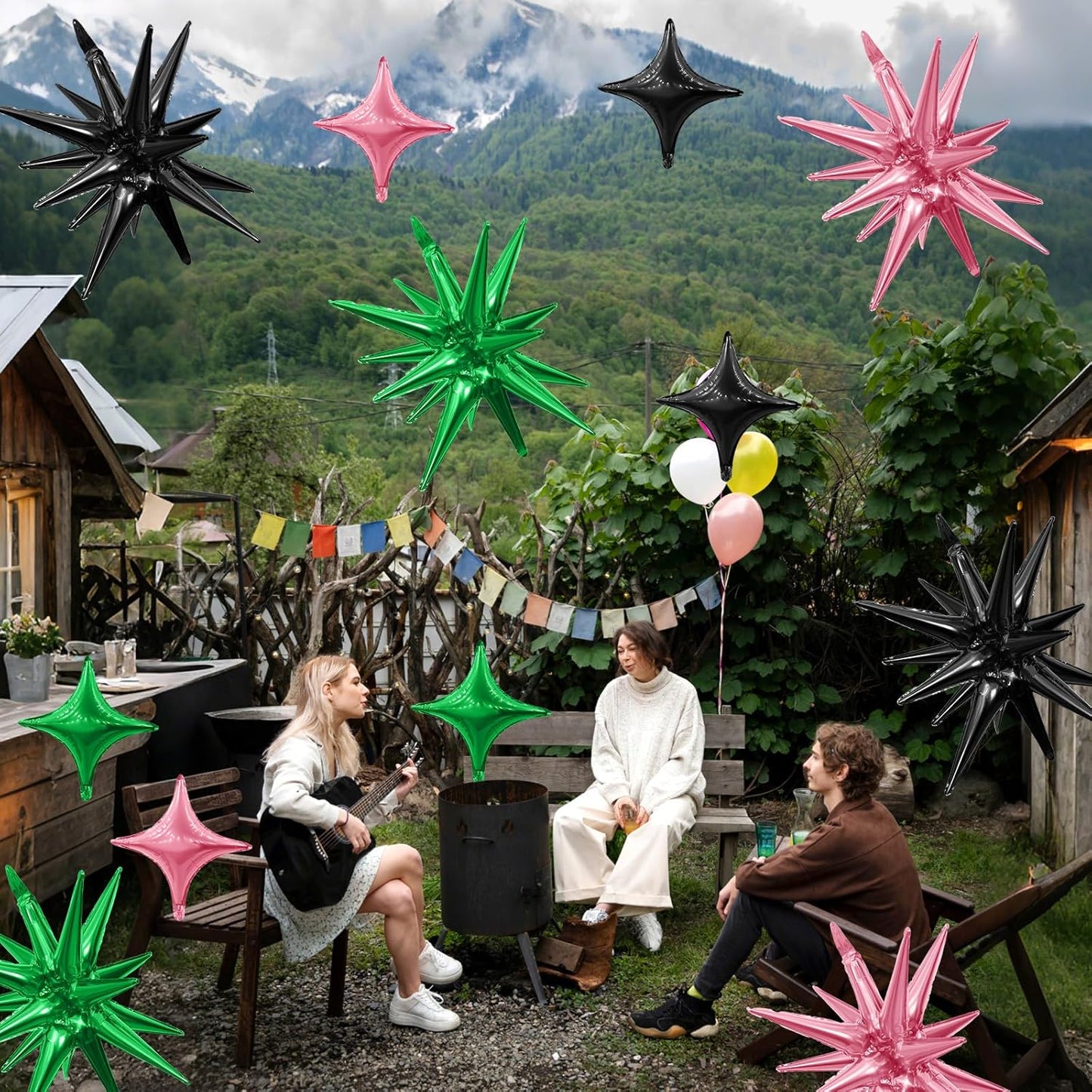 Black Green Pink Star Balloon,Pink Green 6Pcs 22Inch Explosion Star Balloons and 10Pcs 10Inch Four Angle Balloons Kit for Birthday Halloween Anniversary Baby Shower Wedding Party Decorations