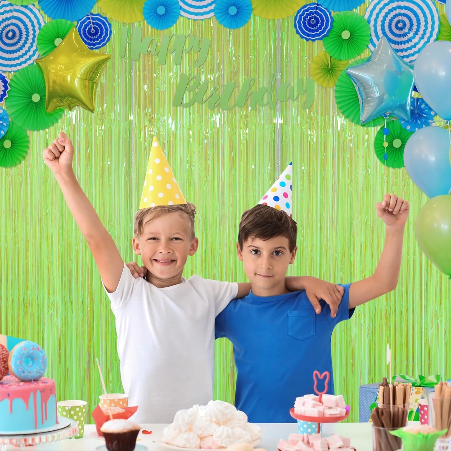 Accevo 3Pack Neon Green Party Streamers 3.2x8.2 Feet Metallic Foil Fringe Curtains Tinsel Streamers Party Decor Door Streamers Photo Booth for Christmas New Year St. Patrick's Day Party Decorations