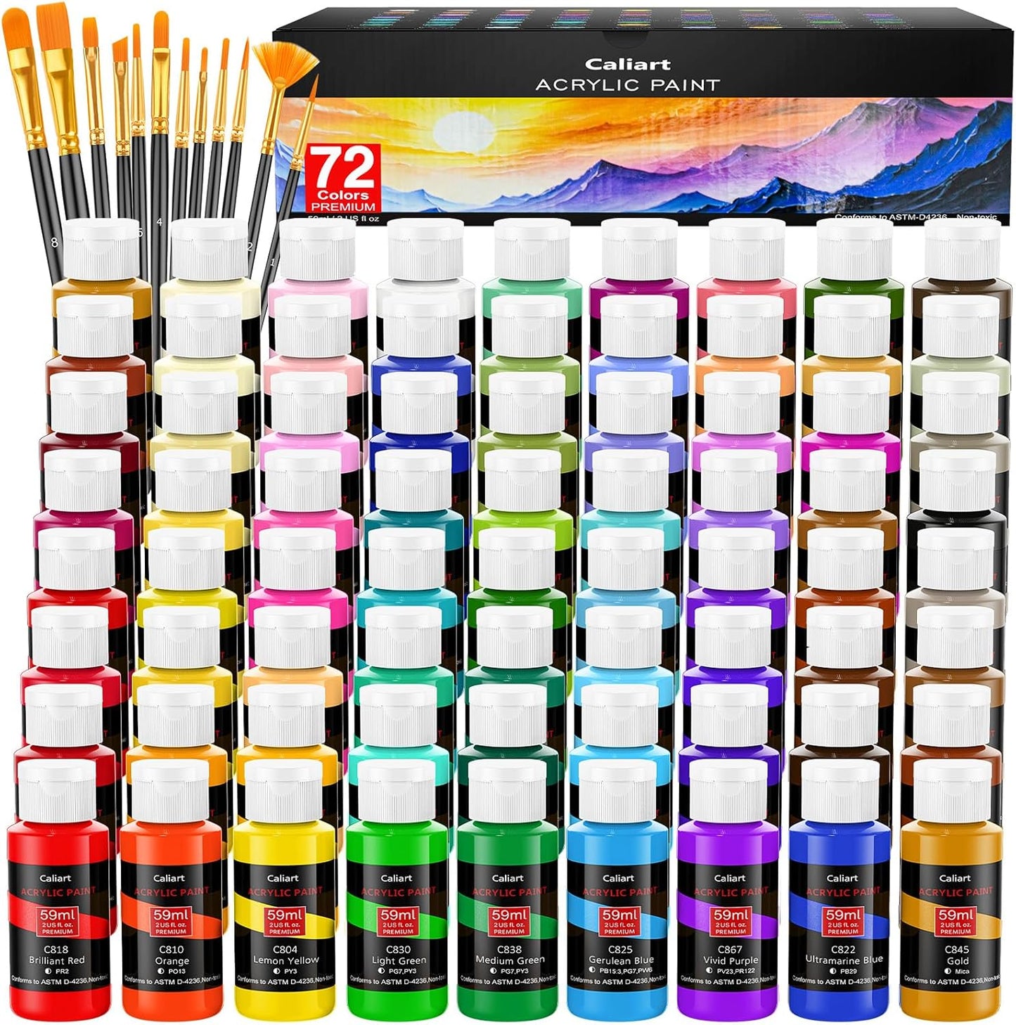 Caliart Acrylic Paint Set with 12 Brushes, 72 Colors (59ml, 2oz) Art Craft Paints Gifts for Artists Adults Beginners Painters, Pumpkin Canvas Ceramic Wood Rock Painting Kit Art Supplies