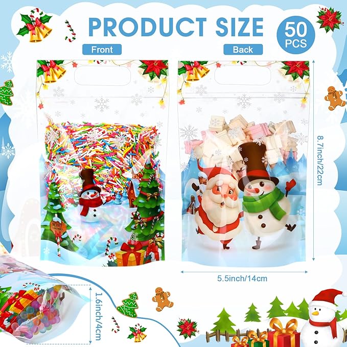 Blosssound 50 Pcs Christmas Goodie Bag Xmas Gift Bags Plastic Snowman Candy Pouches Merry Christmas Favor Pouches with Handle for Xmas Holiday Party Candy Guests Gift Wrapping Supplies Decor(Snowman)