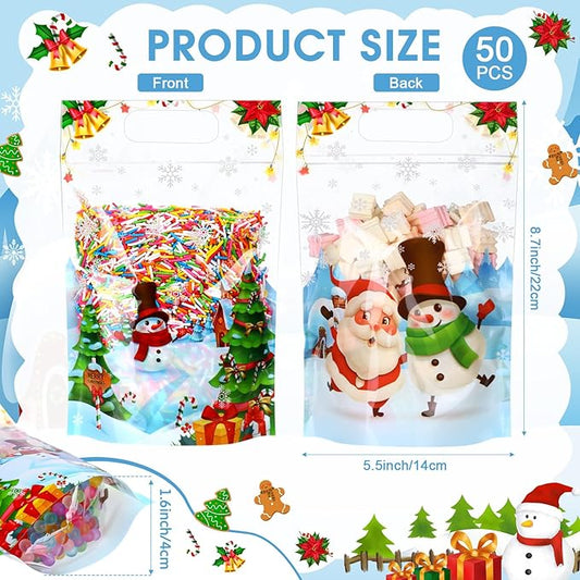Blosssound 50 Pcs Christmas Goodie Bag Xmas Gift Bags Plastic Snowman Candy Pouches Merry Christmas Favor Pouches with Handle for Xmas Holiday Party Candy Guests Gift Wrapping Supplies Decor(Snowman)