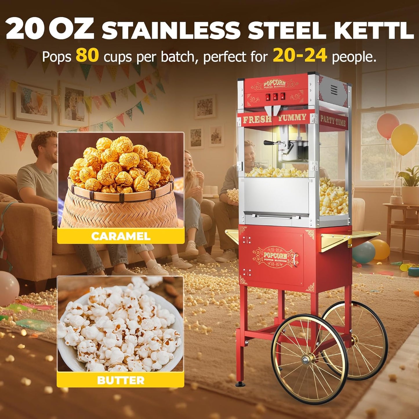 2025 Upgraded 20 oz Popcorn Machine with Cart, Popcorn Maker Machine Makes Up to 80 Cups, Movie Theater Pop Corn Machine with Stainless-Steel Kettle & 3-Switch Control & Tempered Glass Doors, Red