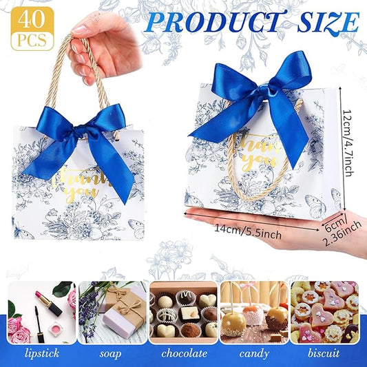 Kolldenn 40 Pcs Small Thank You Floral Gift Bags 5.5''x 2.4''x 4.7'' Blue White Paper Party Favor Bag with Handle Chinoiserie Floral Bag Bulk with Ribbon for Wedding Birthday Bridal Baby Shower