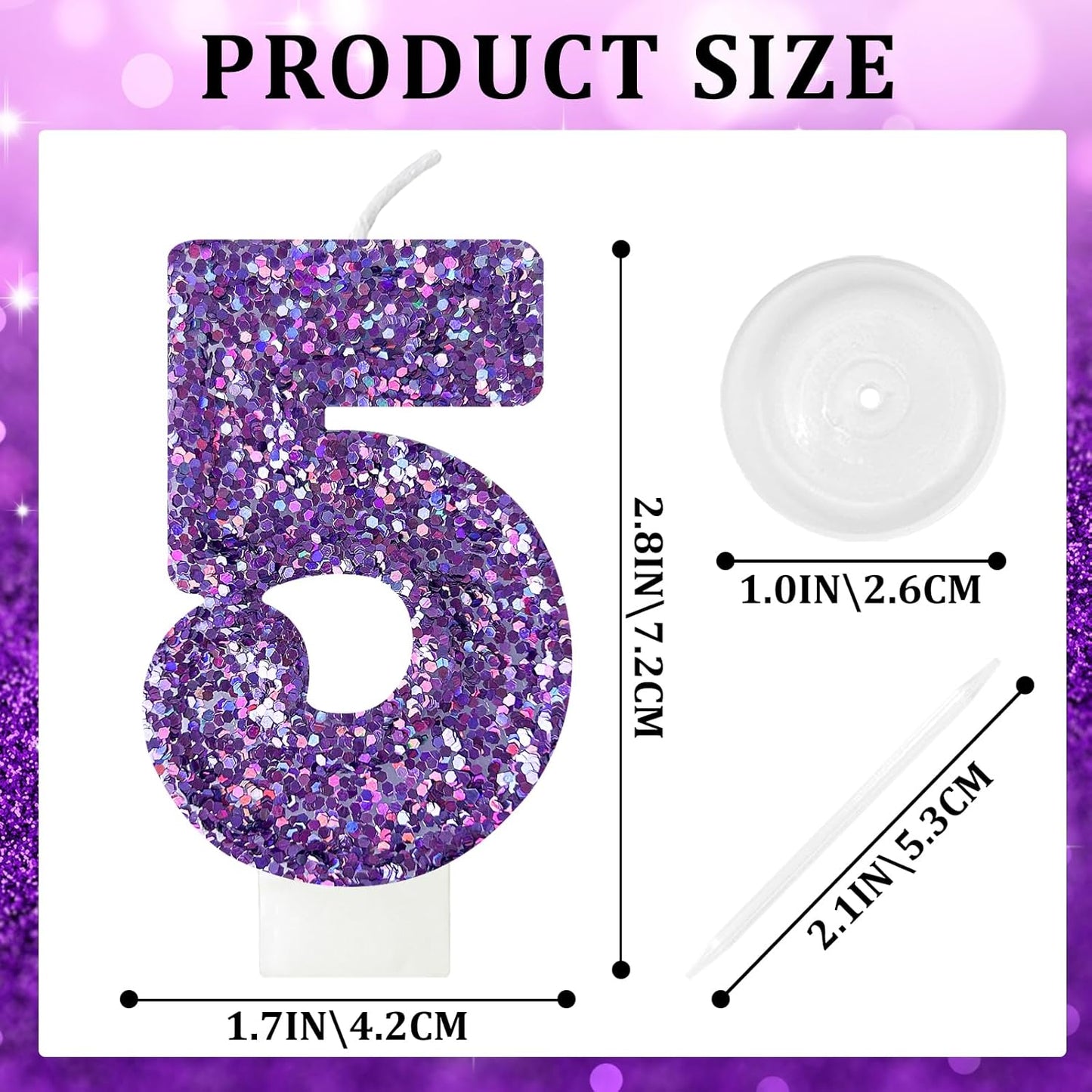 Birthday Number Candles, Glitter Number Candle Cake Decorations with Sequins, Cupcake Decorations for Girls, Women, Party Anniversary Celebrations (Number 5, Purple)
