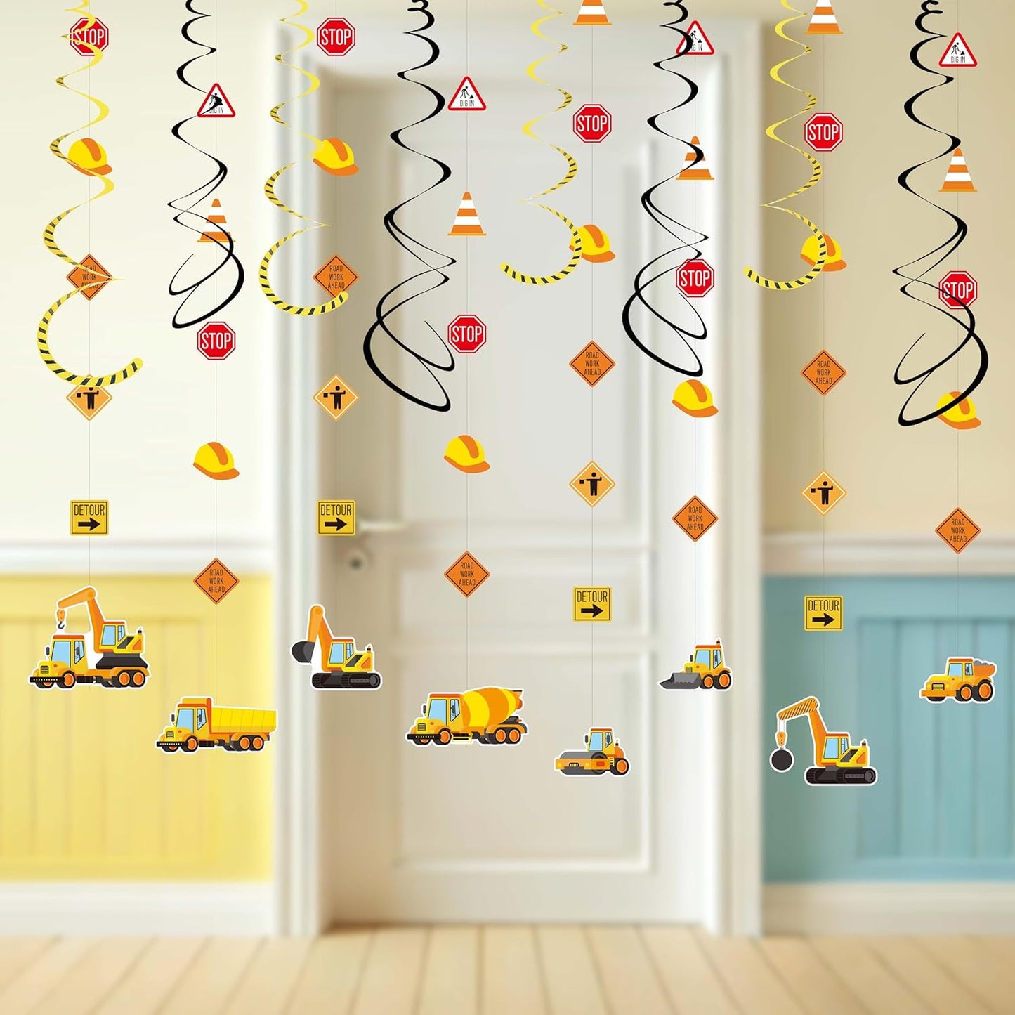 16Pcs Construction Theme Party Hanging Decorations – Swirl Set with Trucks, Traffic Cone & Safety Symbols | Party Supplies & Decorations, Party Favors for Construction Themed Celebrations