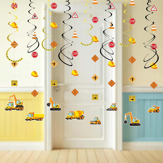16Pcs Construction Theme Party Hanging Decorations – Swirl Set with Trucks, Traffic Cone & Safety Symbols | Party Supplies & Decorations, Party Favors for Construction Themed Celebrations