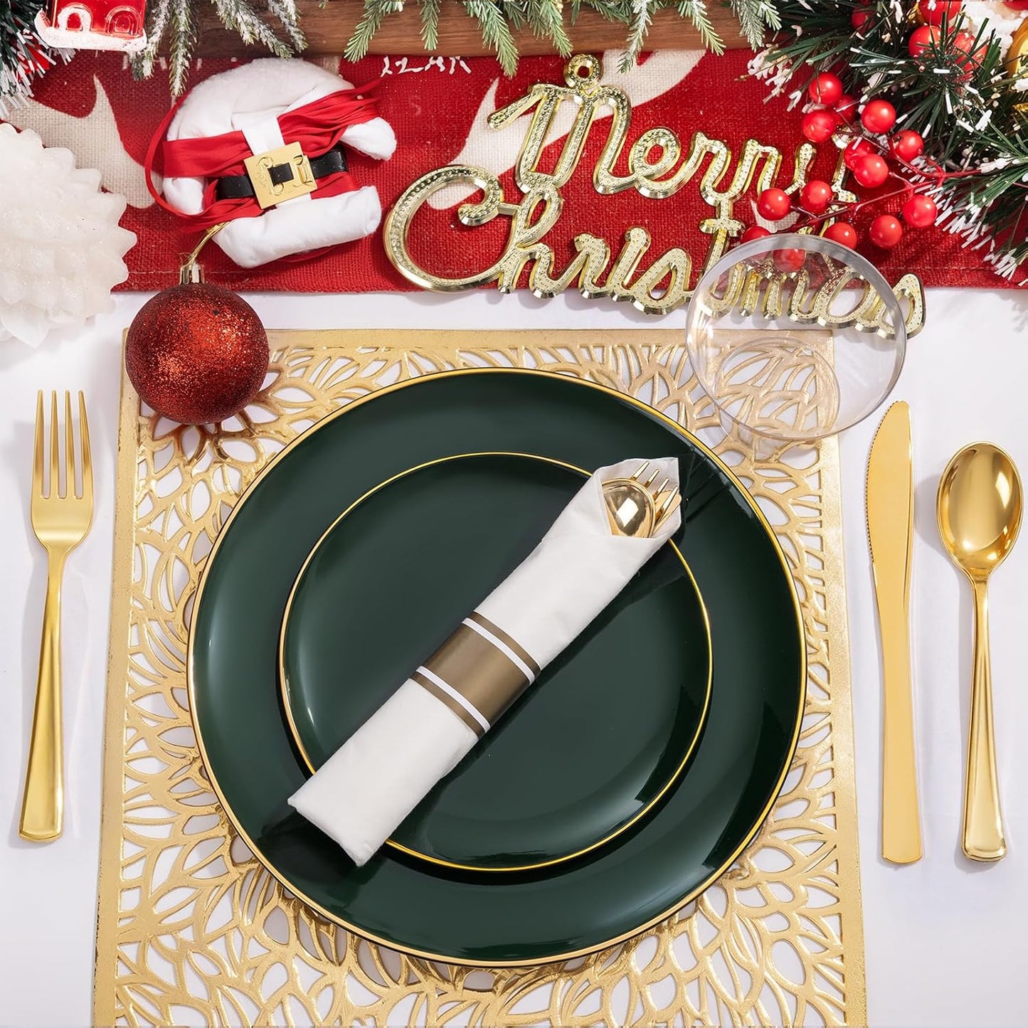 KIRE 350PCS Green Plates Disposable - Heavy Duty Christmas Plates - 50Guest Include Green Plastic Dinnerware - Pro Rolled Napkins with Gold Silverware and Cups for Christmas&Party