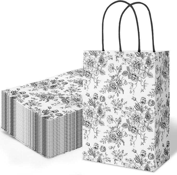 JarThenaAMCS 24Pcs Black Floral Kraft Paper Bags with Handles Chinoiserie Treat Gift Bags Vintage Flower Candy Goodie Bag for Wedding Birthday Baby Shower Party Favors Supplies