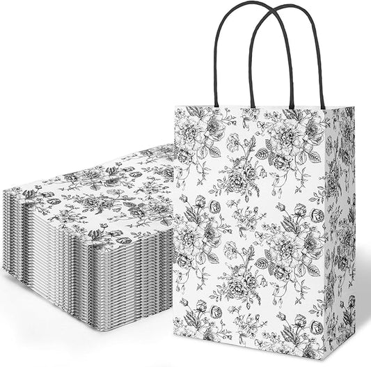 JarThenaAMCS 24Pcs Black Floral Kraft Paper Bags with Handles Chinoiserie Treat Gift Bags Vintage Flower Candy Goodie Bag for Wedding Birthday Baby Shower Party Favors Supplies