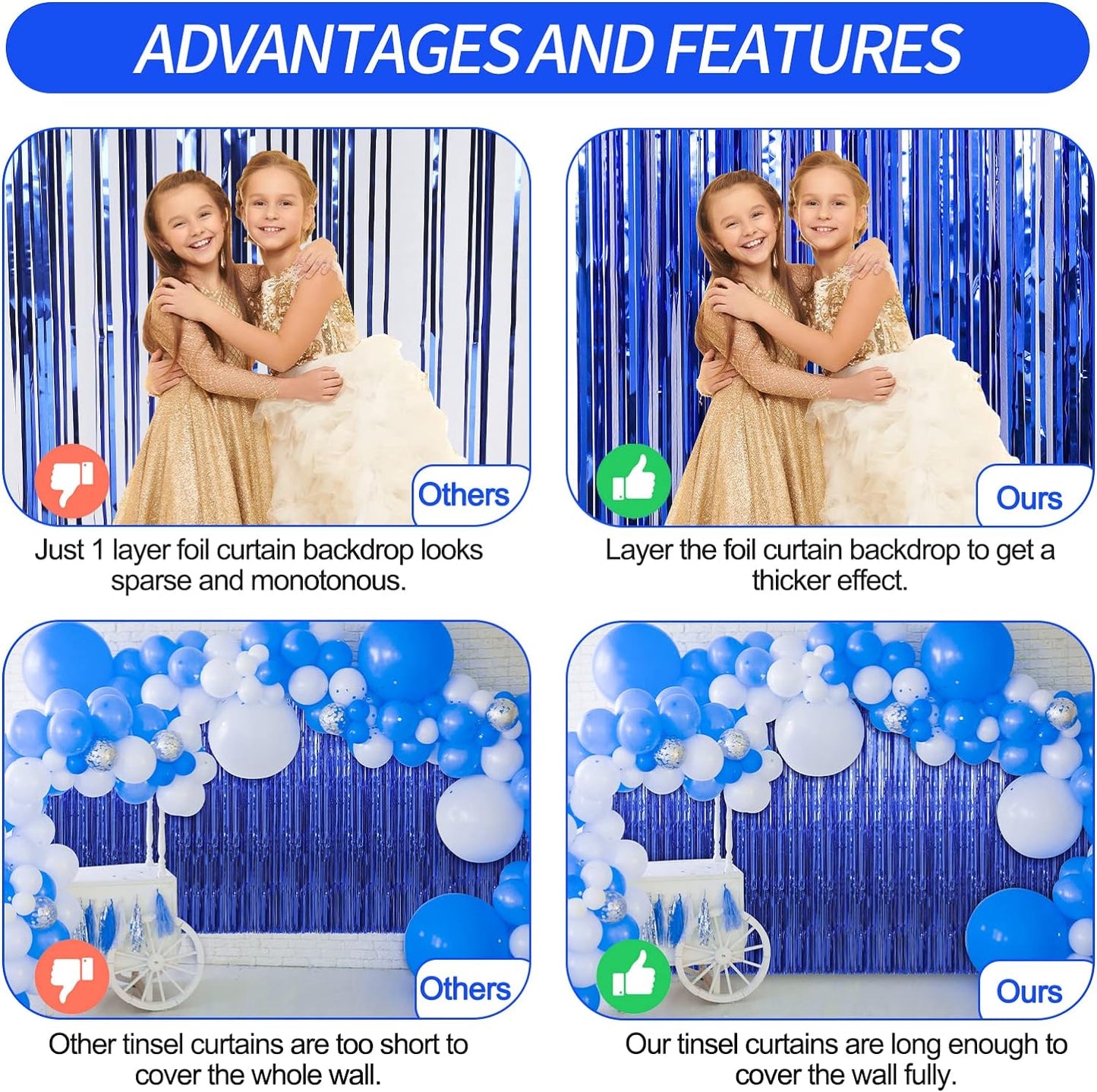 Crosize 3 Pack 3.3 x 9.9 ft Dark Blue Foil Fringe Backdrop Curtain, Streamer Backdrop Curtains, Streamers Birthday Party Decorations, Blue Tinsel Curtain for Parties, Galentines Decor, Baby Shower