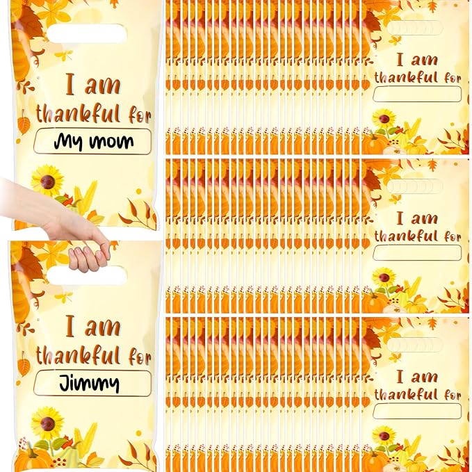 Supervitae 100 Pcs I Am Thankful Plastic Gift Bags Thanksgiving Party Favor Thank You Bags Bulk with Handles for Thankful Gratitude Snacks Goodie Candy Treat Autumn Fall Thanksgiving Party Supplies