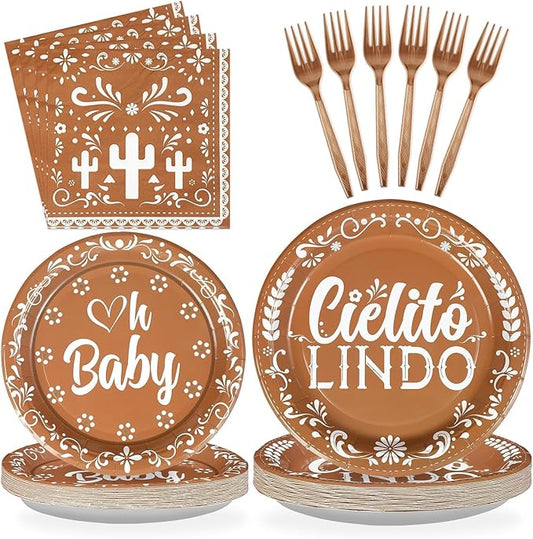 Grencian 96 Pcs Cielito Lindo Baby Shower Decorations Brown Mexican Theme Plates and Napkins Tableware Sets Cielito Lindo Decorations for Boys Girls Baby Shower Party Serves 24