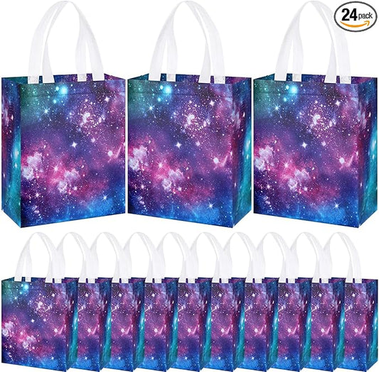 Supervitae 24 Pack Galaxy Party Gift Bags Medium Outer Space Print Party Decoration Supplies Reusable Non Woven Totes for Solar System Planet Birthday Baby Shower Favor(9.8" x 7.9" x 3.9")