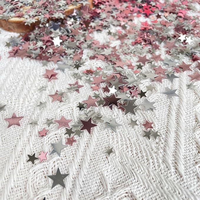 WEIKA 60g Star Confetti Glitter Star Table Confetti, Metallic Foil Star Glitter, Table Decorations for Party Wedding birthday graduation Decorations(Glitter Rose Gold and Silver Set, 10mm and 6mm)
