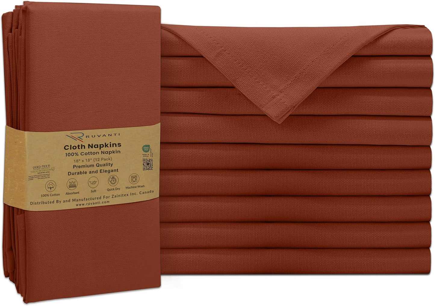 Ruvanti Premium Cloth Napkins Set of 12, 18x18 Inches, 100% Cotton, Washable, Soft & Absorbent, Perfect for Wedding, Christmas, ‎Thanksgiving Dinners - Rust