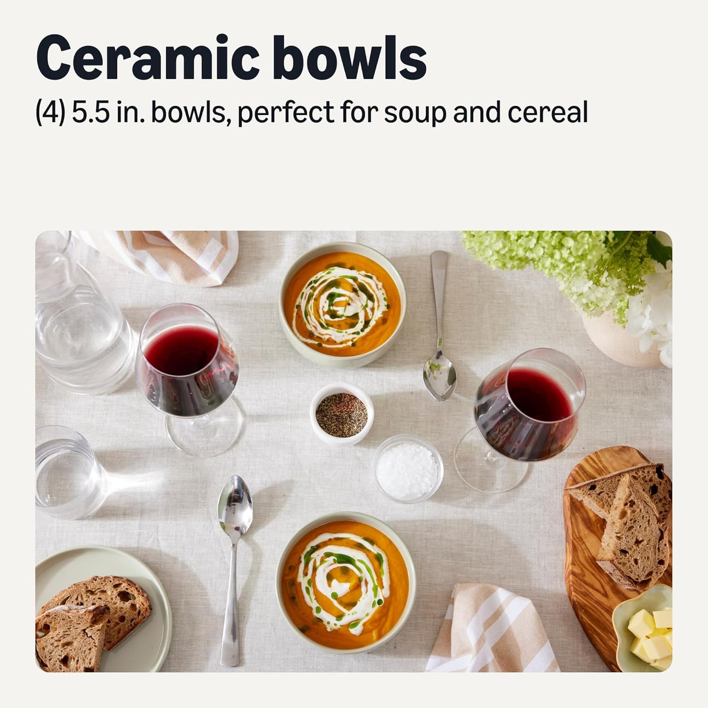 Amazon Basics Glazed Stoneware Bowls, 4-Piece Set, Dishwasher-Safe, 5.5 in., Ivory