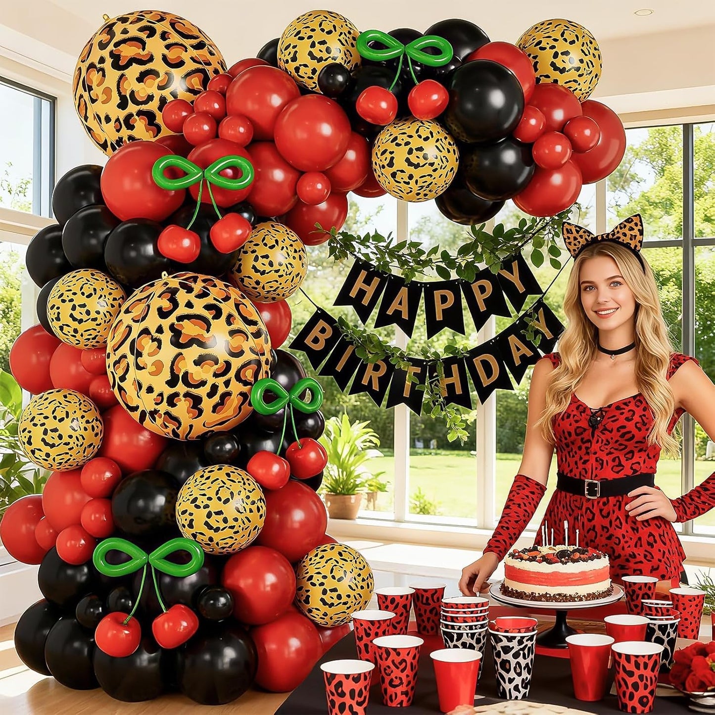 Red and Black Balloon Arch Kit with Cherry and Cheetah Print Foil Balloons, Cheetah and Cherry Birthday Decorations for Women, Red Leopard Party Decor, Baby Shower Bachelorette Girls Night Decorations