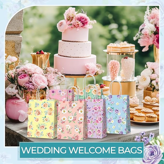 Resholder 30 Pcs Floral Paper Gift Bags with Handles Welcome Tea Party Favor Bags Spring Flower Goodie Gift Candy Treat Pouches for Wedding Bridal Shower Baby Shower Birthday Mother's Day Party