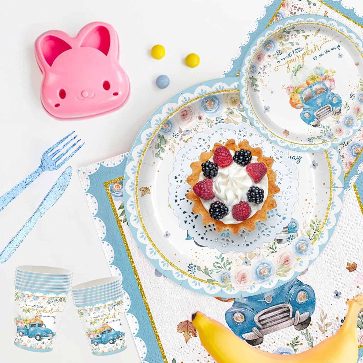 168PCS Blue Pumpkin Baby Shower Party Supllies for Boys Floral Birthday Party Decorations Thanksgiving Tableware Plates Cups Napkins Cups Forks Knives and Straws Dinnerware for 24 Guests