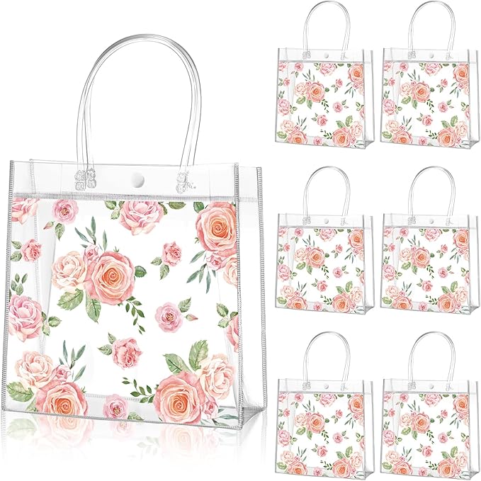 Aliceset 20 Pcs Clear Floral Clear Gift Bags with Handles PVC Flower Rose Party Goodie Treat Bag for Mother's Day Mom Tea Party Baby Shower Spring Birthday Bridal Shower, 8 x 8 x 3.15 Inch