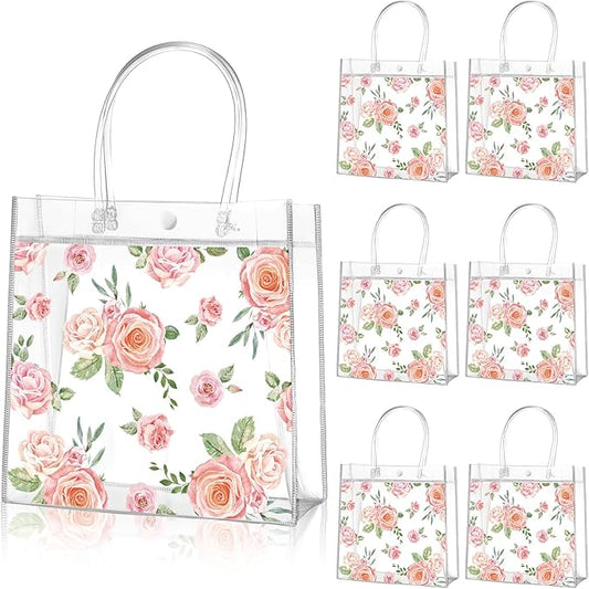 Aliceset 20 Pcs Clear Floral Clear Gift Bags with Handles PVC Flower Rose Party Goodie Treat Bag for Mother's Day Mom Tea Party Baby Shower Spring Birthday Bridal Shower, 8 x 8 x 3.15 Inch