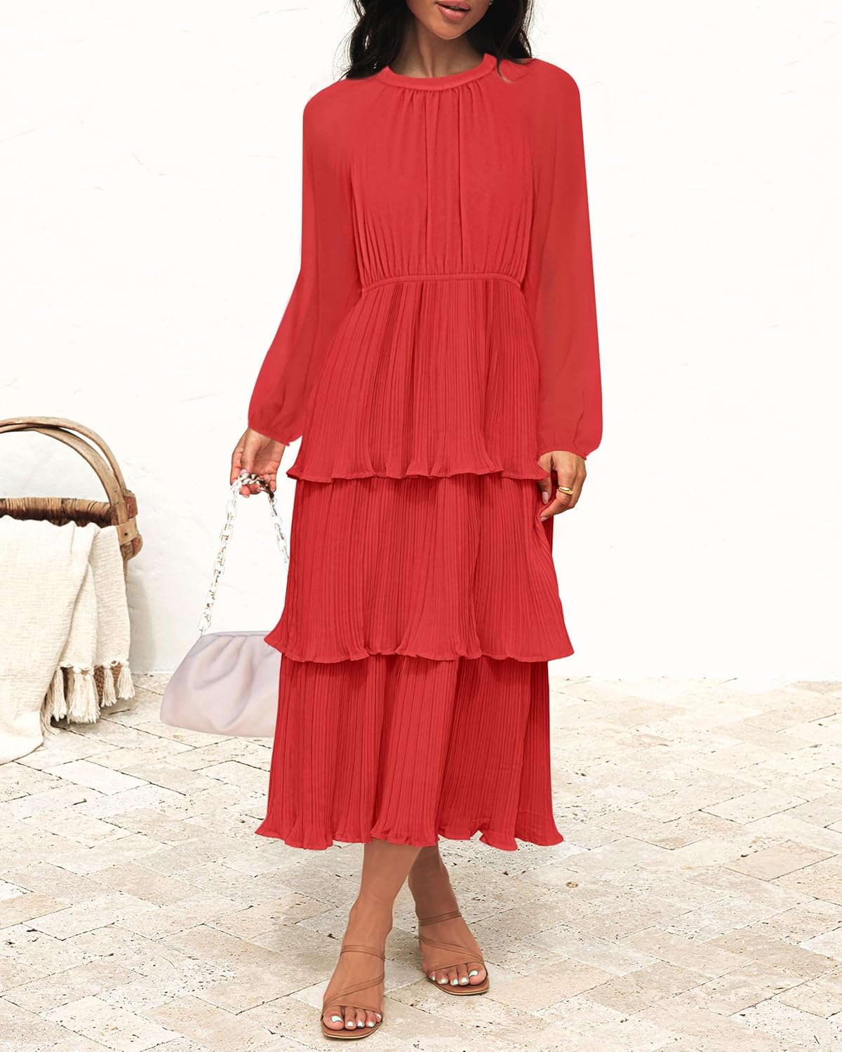 ZESICA Women's 2025 Long Sleeve Crew Neck Ruffle Tiered Layered Chiffon Flowy Swing Long Midi Dress