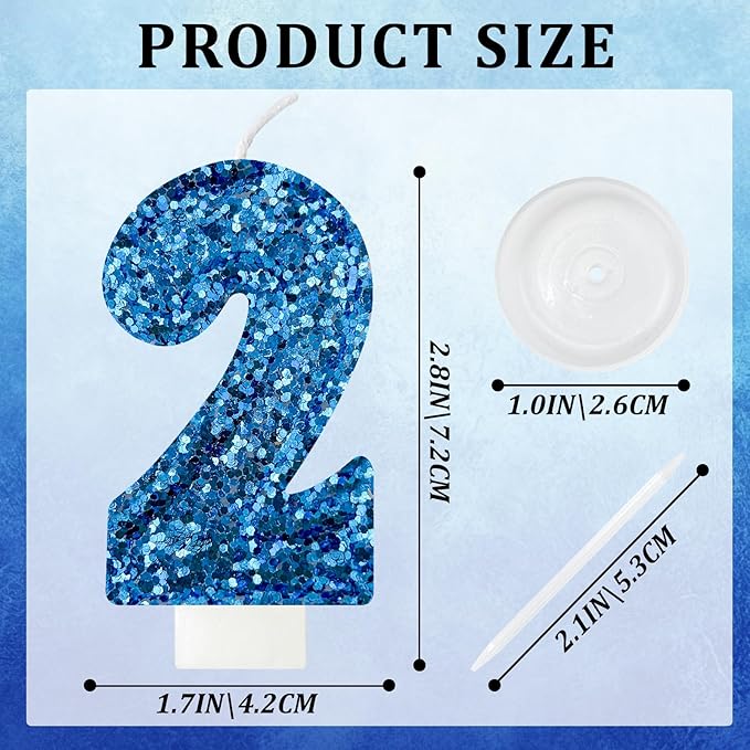 Zailo Birthday Number Candles, Glitter Number Candle Cake Decorations with Sequins, Cupcake Decorations for Girls, Women, Party Anniversary Celebrations (Number 2, Blue)