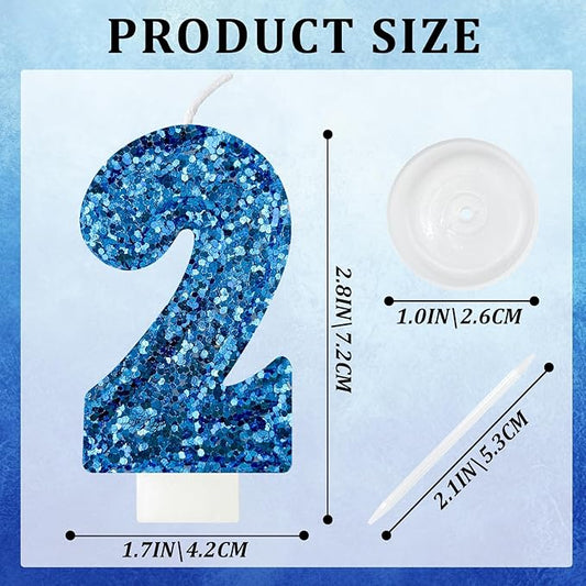 Zailo Birthday Number Candles, Glitter Number Candle Cake Decorations with Sequins, Cupcake Decorations for Girls, Women, Party Anniversary Celebrations (Number 2, Blue)