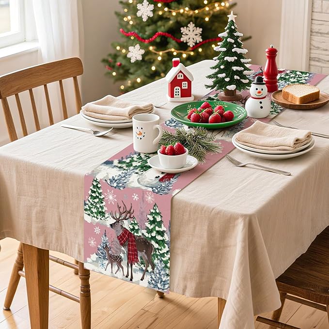 Artscope Reindeer Snowman Christmas Tree Table Runner, Xmas Winter Snowflakes Holiday Kitchen Dining Table Decoration for Christmas Home Party Decor 13x120 Inch-Pink