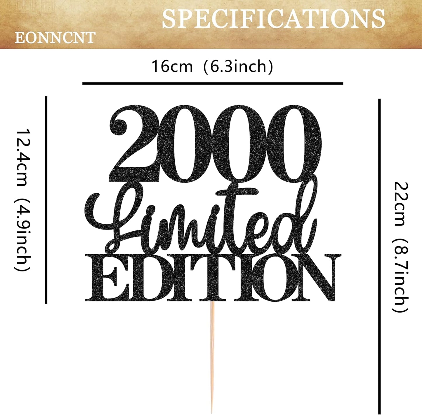 Limited EDITION 2000 Cake Topper - Black Glitter Happy 25th Birthday Party Cake Decoration Supplies, Cheer to 25 Years Cake Bunting Decor for 25th Birthday Party Photo Booth Props