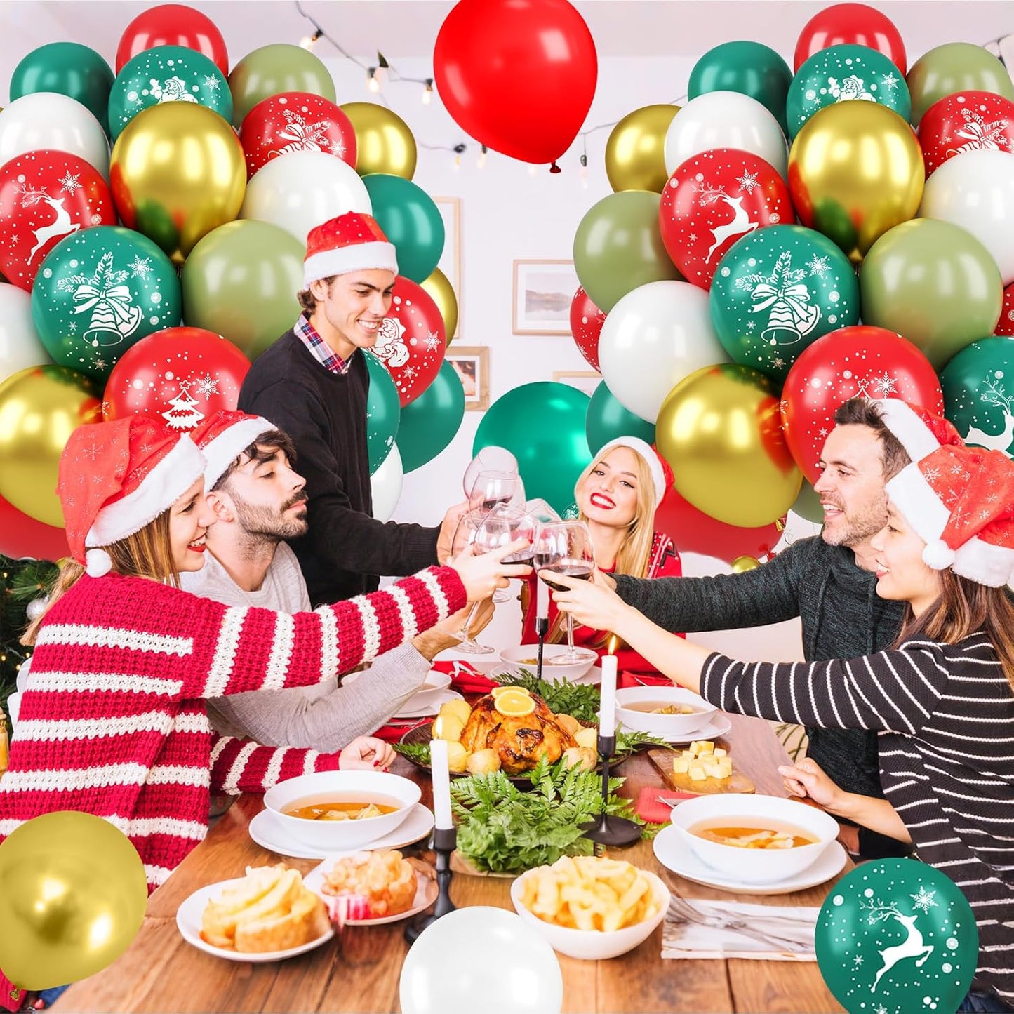 Christmas Balloons, Red Green Gold Balloons with Tree Elk Santa Claus Print Balloon, Retro Green Gold Red and White Xmas Party Balloon for Christmas Birthday New Year Winter Holiday Party Decorations