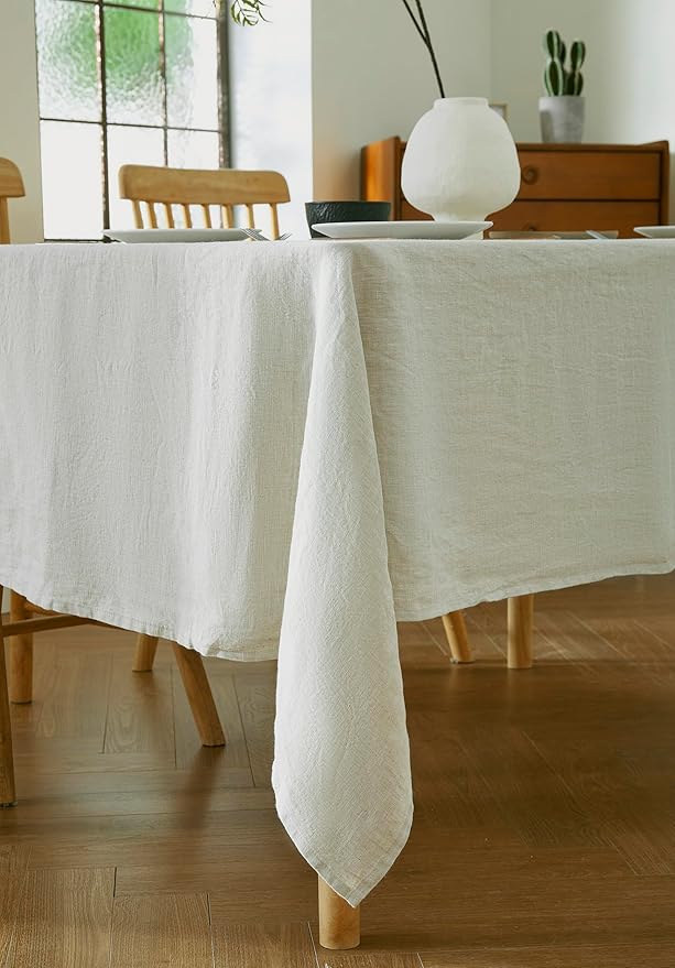 100% French Flax Linen Tablecloths Rectangle 108Lx60W Inch for Dinners, Parties, Easter, Halloween, Camping, Stone Washed, Textured, Machine Washable, 8-10 Sets (60''x108'', Natural Linen)