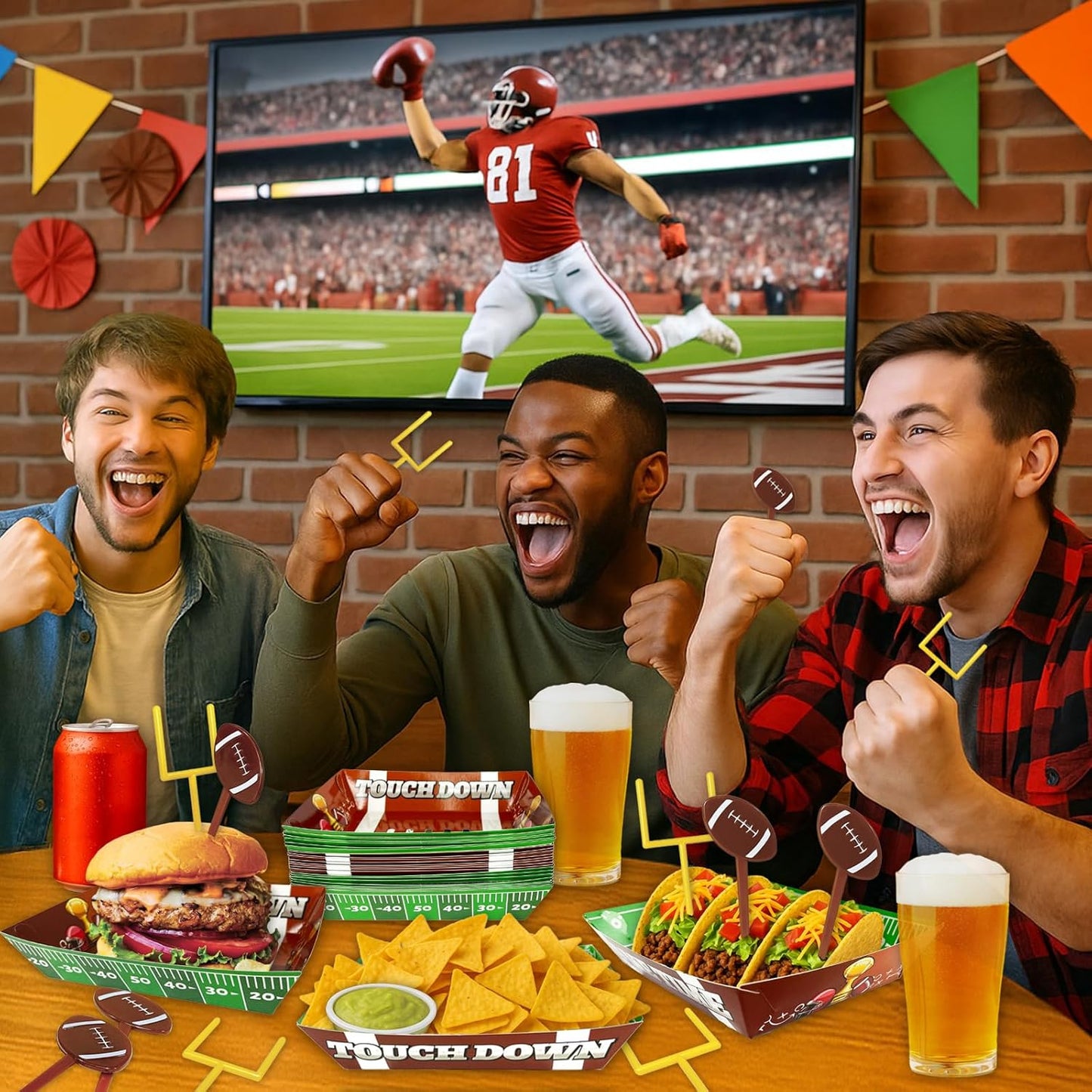 50-Piece Football Party Food Tray Box Kit - 30 Oil-Resistant Paper Snack Trays & 20 Goalpost and Football Picks for Nachos, Popcorn, Chips at Super Bowl, Tailgate, College Games, Sports Birthdays