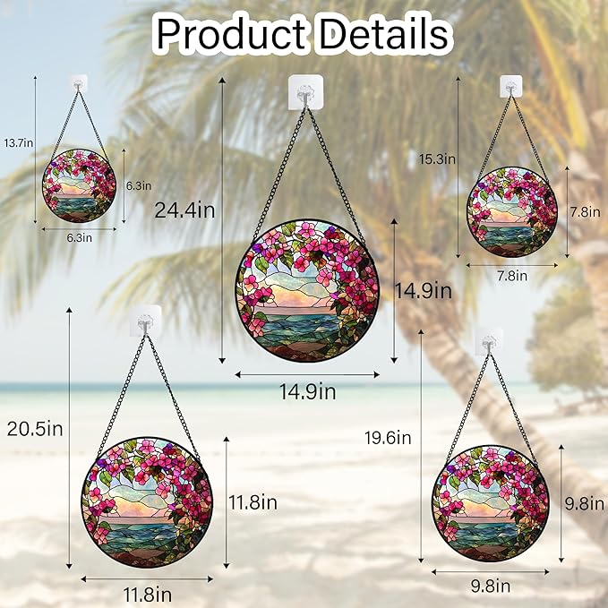 Stained Glass Window Hanging, Purple Flower Landscape Wreath Sun Catcher for Door Home Decor Plants Suncatcher Christmas Mother's Day Birthday Gifts for Women Men Mom Nana 15 in