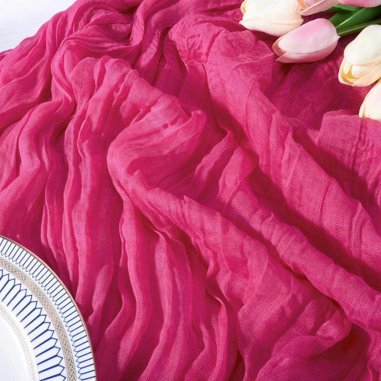 FEXIA Rose Red Table Runner 35x120 Inches for Baby Shower Decoration Gauze Rustic Table Runner for Wedding Party First Communion Centerpiece Engagement Bridal Shower Boho Decoration
