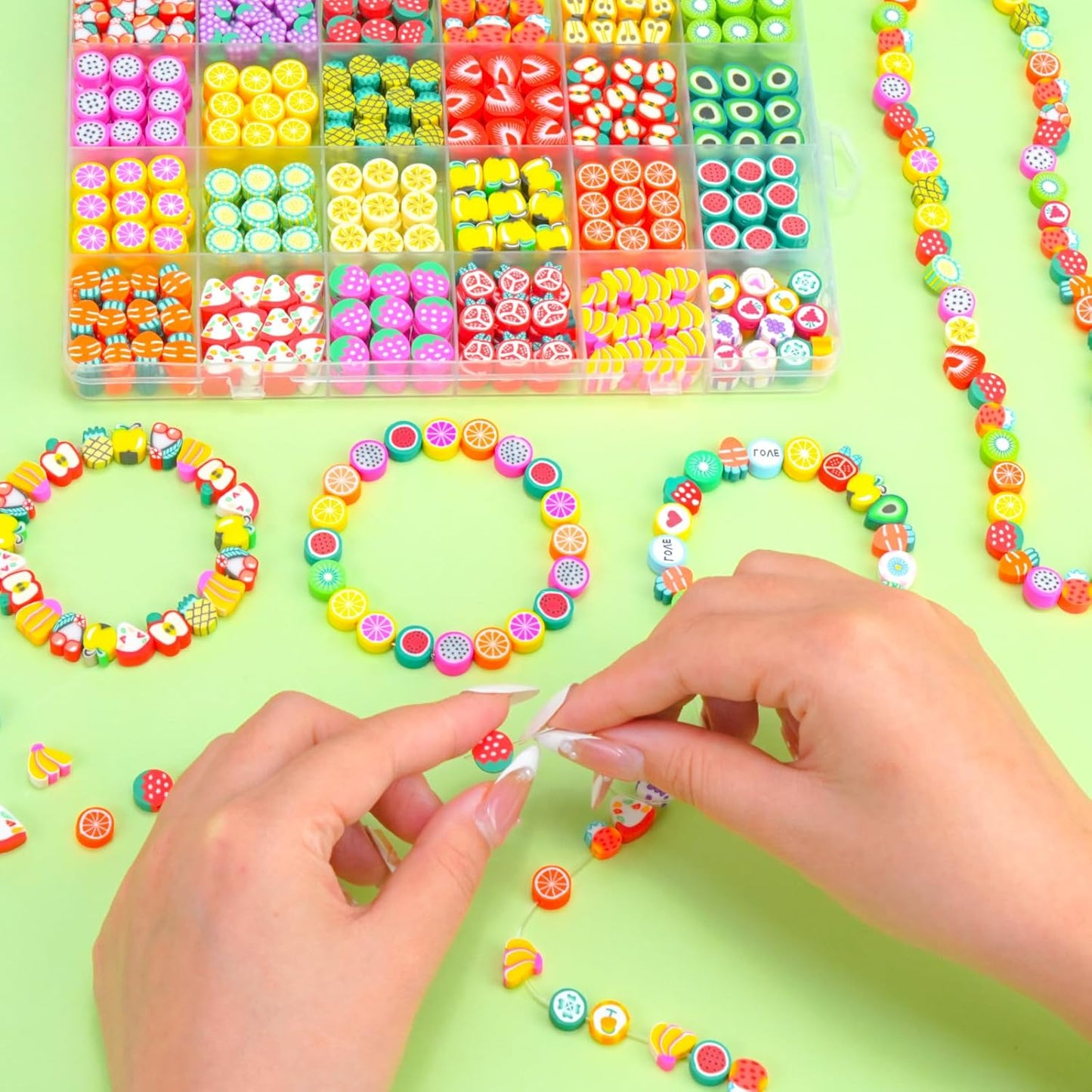Gionlion Fruit Polymer Clay Beads Bracelet Making Kit, Colorful Clay Beads with Lemon, Strawberry, Avocado, and Watermelon Designs for DIY Jewelry, Bracelet & Necklace Making Crafts