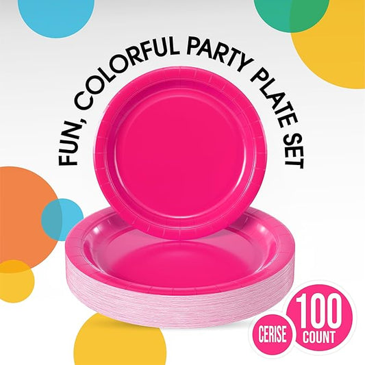 Exquisite Hot Pink Paper Plates Disposable Heavy Duty 100 Pcs - 50-7" & 50-9" Hot Pink Disposable Plates For Party Heavy Duty Paper Plate 350 GSM Birthday Party Supplies Plate Set