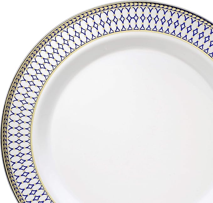 " OCCASIONS " 240 Plates Pack,(120 Guests) Heavyweight Premium Disposable Plastic Plates Set -120 x 10.5'' Dinner + 120 x 7.5'' Salad/Dessert (Odyssey in White/Blue and Gold Rim)